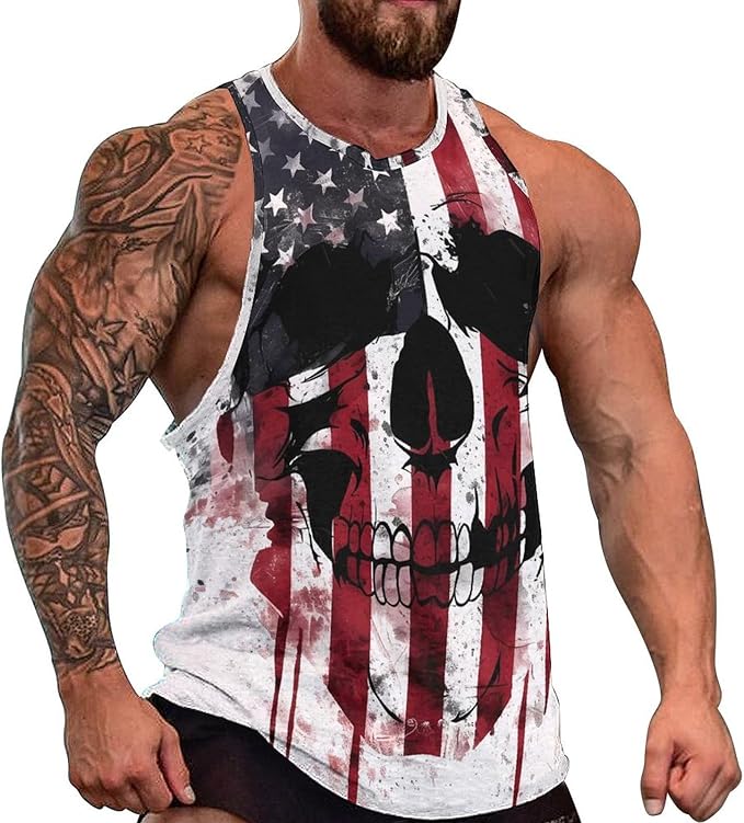 MARSVOVO Mens US Flag Tank Tops Skull Graphic Print Sleeveless Crew Neck Western Shirts for Men Fashion Vest