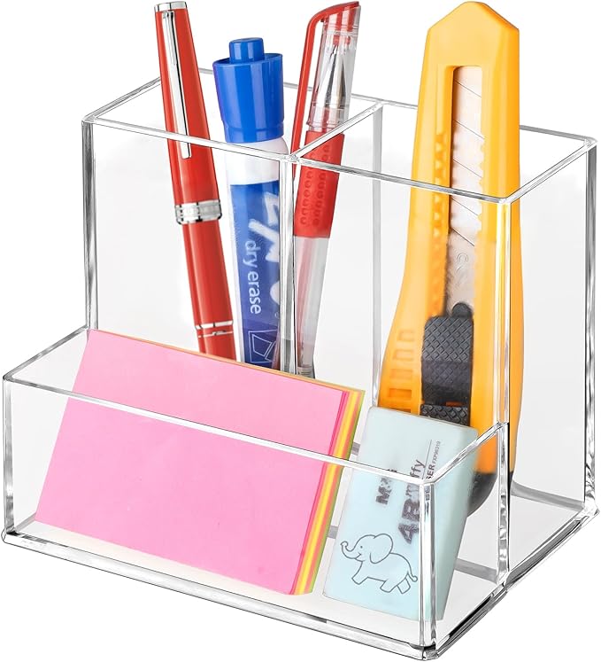 Banafich Pen Holder for Desk, Clear Acrylic Pencil Holder for Desk, Marker Holder with 3 Compartments, Pencil Organizer fo...