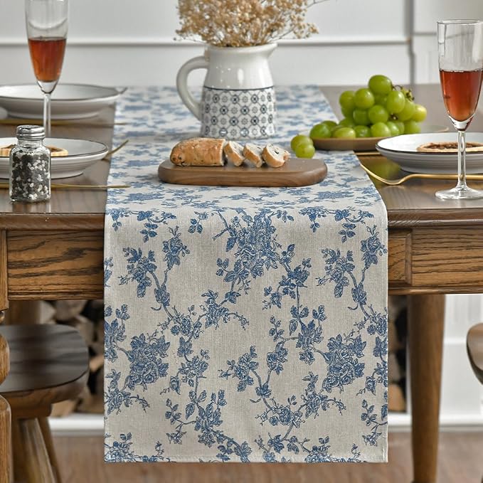 Artoid Mode Monochrome Sketch Branch Toile Textures Chinoiserie Cotton Dark Grey Table Runner, Seasonal Retro Vintage Kitc...