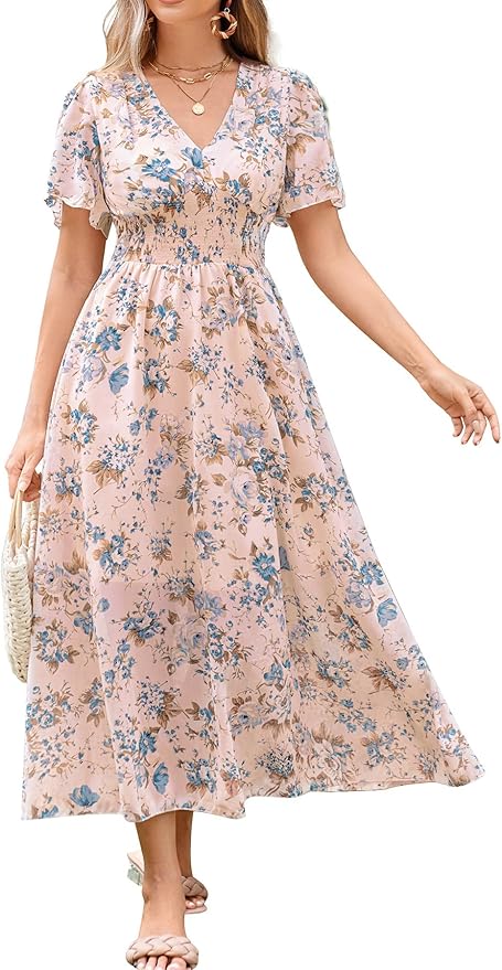 Women's Floral Maxi Dress Flowy V Neck Empire Waist Summer Wedding Guest Party Casual Chiffon Dress