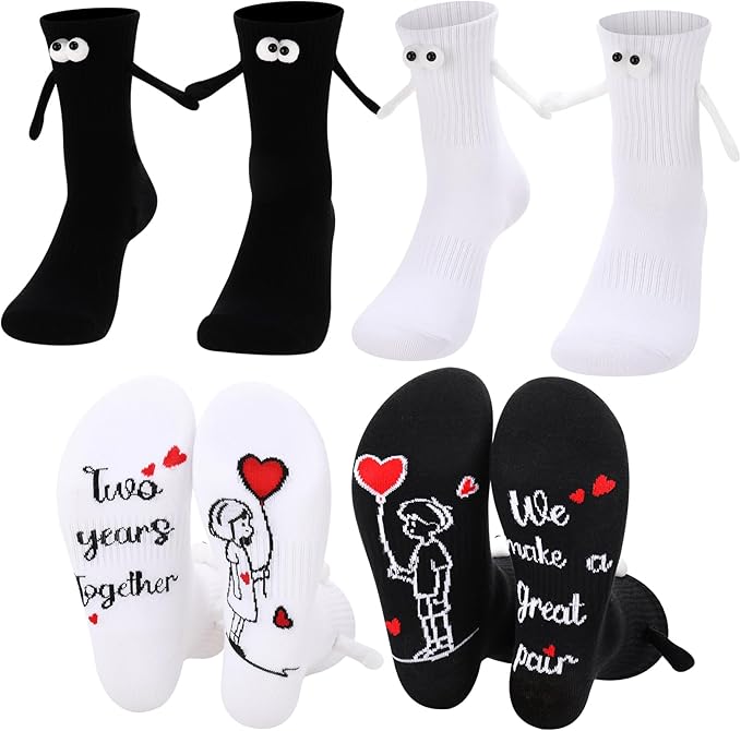 scenicamp 2 Pairs Couples Magnetic Holding Hands Socks with Gift Box Romantic Novelty Gifts for Him, Her, Husband, Wife
