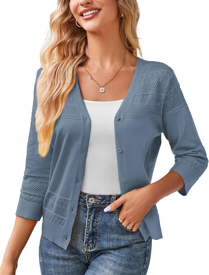 GRACE KARIN Women's 2025 Cropped Cardigan 3/4 Sleeve Lightweight Crochet Shrug Hollowed-Out Knit Sweater Tops