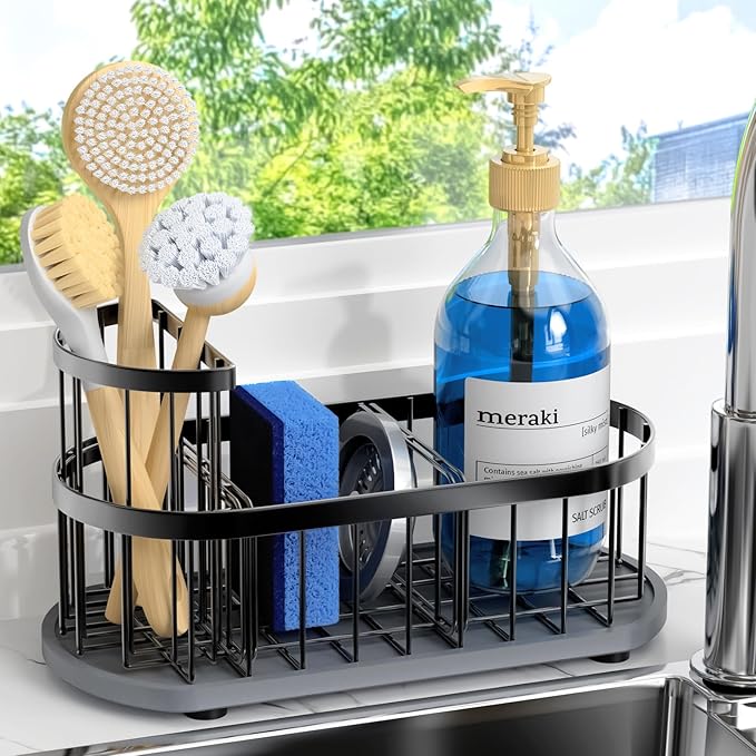HOKEMOM Sponge Holder for Kitchen Sink with High Brush Holder, [Stay-Dry Anywhere & No Drainage Needed] Rustproof Stainles...