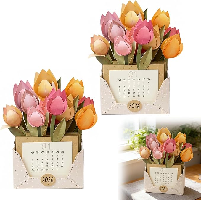 2026 Tulip Emotional Support Calendar, Blooming Paper Flower Calendar, DIY Handmade Paper Flower Envelope Basket Calendar...