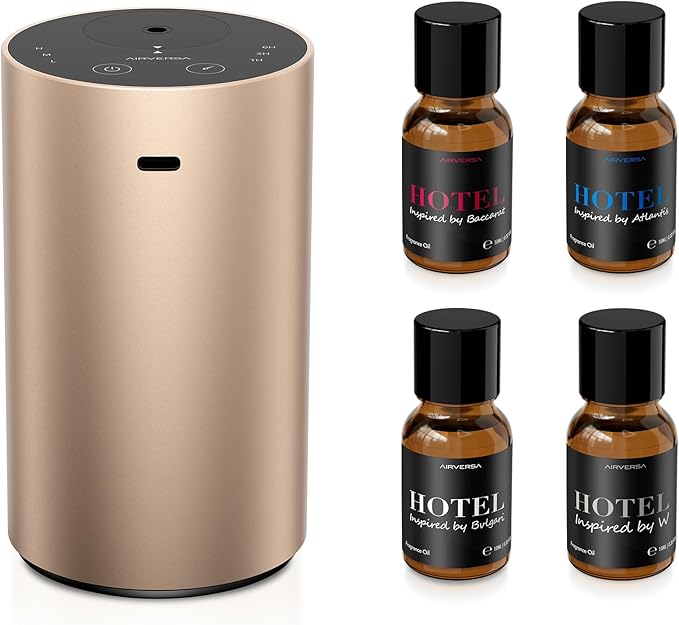 Airversa Waterless Essential Oil Diffuser Starter Kit with 4 x 10mL Hotel Scent Fragrance Oil, Aluminum Housing, Battery O...