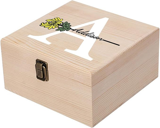Cooayyaooc Personalized Wooden Keepsake Memory Box with Birth Flower & Name, Custom Wood Decorative Storage Box with Lids ...
