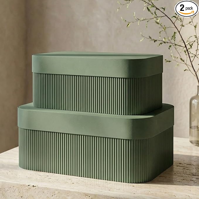Decorative Storage Boxes with Lids – Set of 2 Beautiful Fluted Cardboard Organizer Bins for Your Home Bookshelf Decor to S...