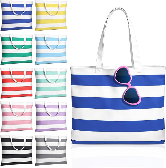 Aliceset 10 Pcs Large Beach Canvas Tote Bags Bulk for Women 18.5 x 15 Inch Waterproof Stripe Sandproof Tote Bags with Hand...