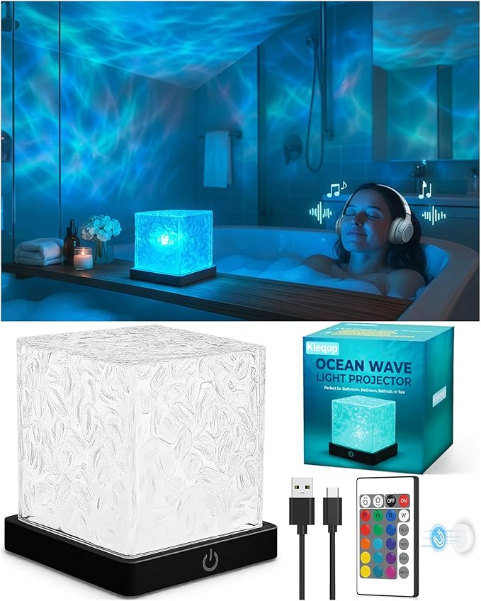 Rechargeable Shower Light Cube, 16 Color Ocean Wave Projector Light Battery Operated, Waterproof Shower Mood Lighting with...