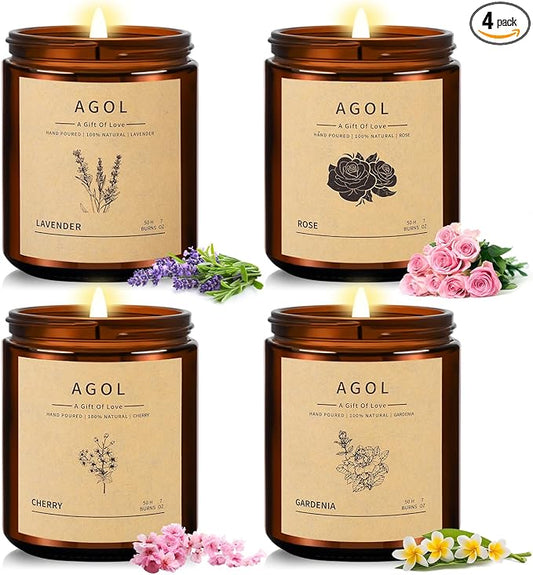 4 Pack Scented Candles for Home, 36 Oz 200 Hours Burn, Luxury Amber Jar Natural Soy Candles, Aromatherapy Candles Set, Can...