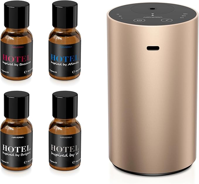 Airversa Waterless Essential Oil Diffusers Starter Kit with 4 x 10mL Hotel Scent Fragrance Oil, Aluminum Housing, Battery ...