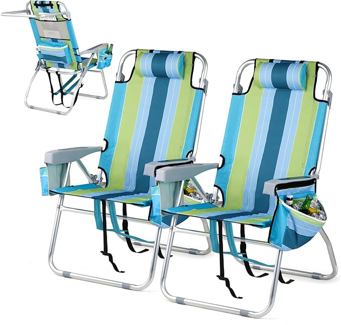 VINGLI Tall Beach Chair 2 Pack Lightweight, Backpack Beach Chair for Adults with 5-Position, Cooler Bag, Cup Holders, Towe...