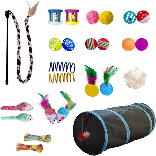 PetLike 25pcs Interactive Cat Toys Set Collapsible Cat Tunnel Interactive Feather Teaser Wand,Spring Toys & Balls for Indo...