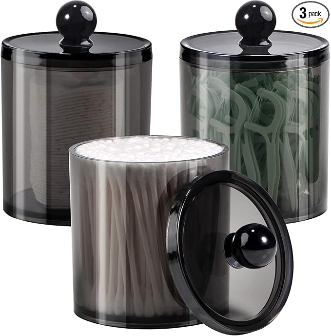 SheeChung 3-Pack Qtip Holder Black,Plastic Qtip Dispenser with Lids,Apothecary Jars with Labels,Minimalist Shatterproof Ba...