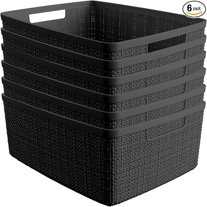 Curver Set of 6 Medium 12L Jute Decorative Plastic Organization and Storage Baskets - Perfect Bins for Home Office, Closet...
