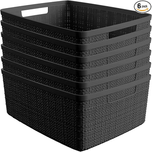 Curver Set of 6 Medium 12L Jute Decorative Plastic Organization and Storage Baskets - Perfect Bins for Home Office, Closet...