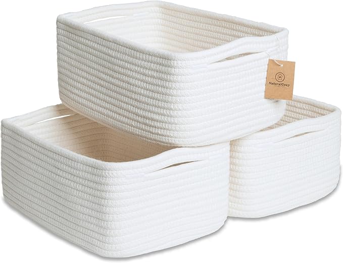 NaturalCozy 11.8"x8"x4.5” Storage Baskets for Shelves 3 Pack | Cotton Rope Woven Small Baskets for Organizing | Small Stor...