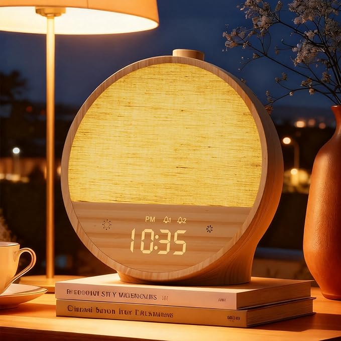 Vivilumens Wood Grain Sunrise Alarm Clock, Gentle Wake-Up Light Sound Machine, Dual Alarms for Heavy Sleepers, Natural Sou...