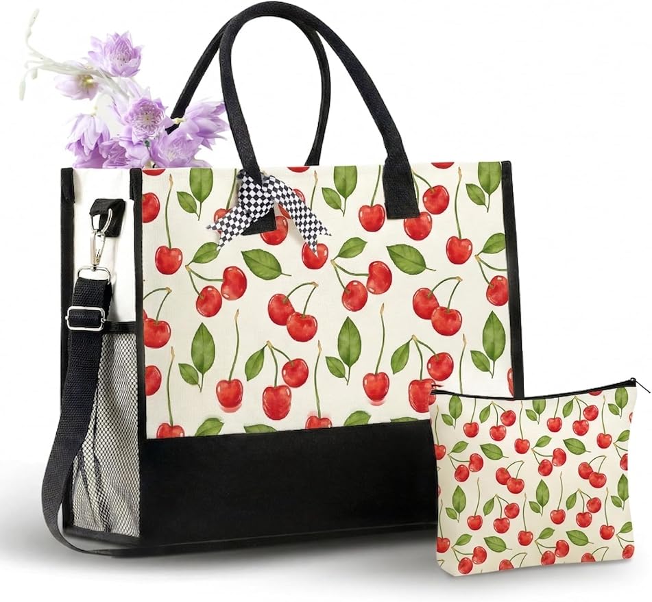 InnoBeta Cherry Gifts for Cherry Lovers, Canvas Tote Bag on Christmas or Birthday, Tote with Top Zipper Closure and Should...