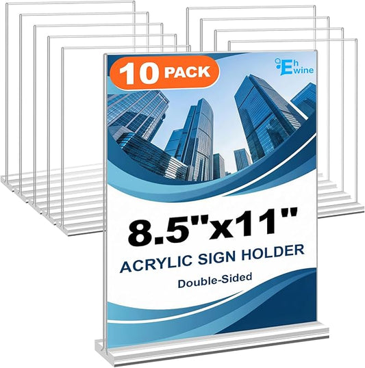 EHWINE Acrylic Sign Holder 8.5 x 11, 10 Pack Double-Sided Stand up Table Top Sign Holders, Clear Acrylic Picture Frame Men...