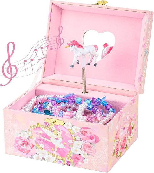 NEWLOOP Unicorn Jewelry Box for Girls – Musical Spinning Rainbow Unicorn Ballerina Design with Heart Mirror, Perfect Jewel...