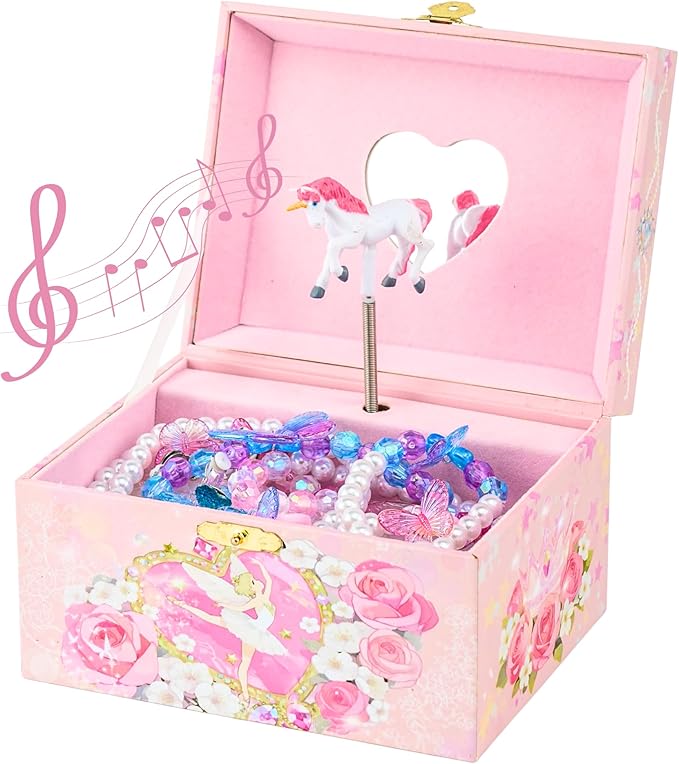NEWLOOP Unicorn Jewelry Box for Girls – Musical Spinning Rainbow Unicorn Ballerina Design with Heart Mirror, Perfect Jewel...