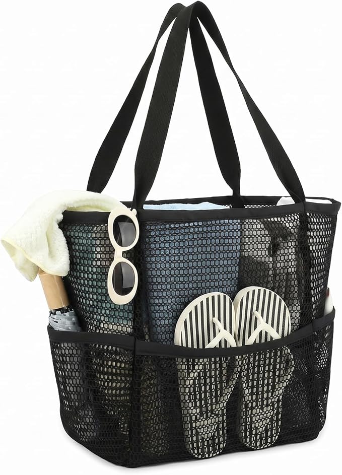BOBPPOP Black 5-Pocket Foldable Mesh Beach Tote for Women, Water-Resistant Sand-Proof Cruise Essentials Bag, Travel Pool V...