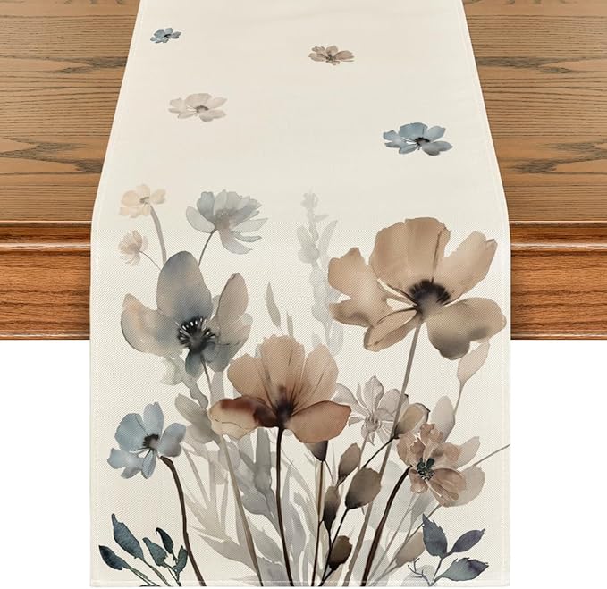 Artoid Mode Brown Poppy Floral Leaves Spring Table Runner, Seasonal Summer Kitchen Dining Table Decoration for Home Party ...
