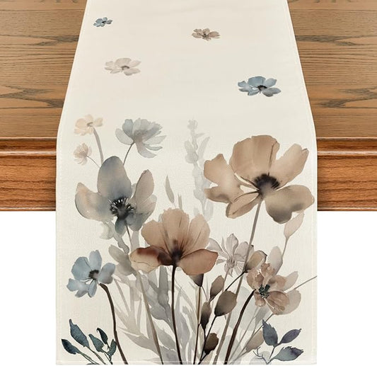 Artoid Mode Brown Poppy Floral Leaves Spring Table Runner, Seasonal Summer Kitchen Dining Table Decoration for Home Party ...