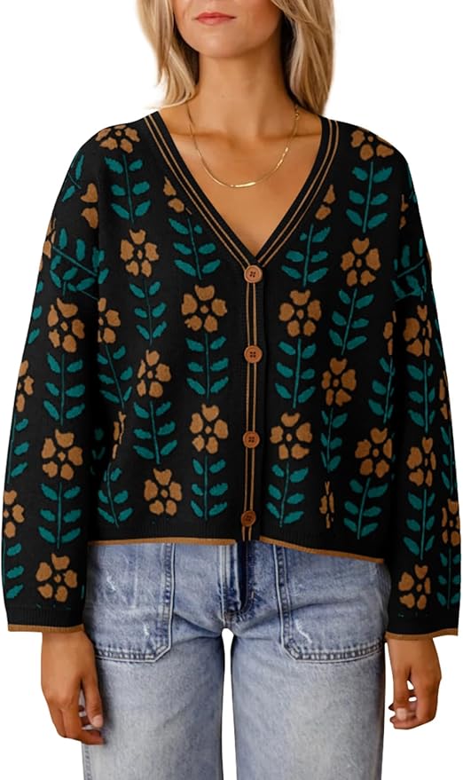 Saodimallsu Womens Floral Print V Neck Cardigan Open Front Button Down Knit Sweater Long Sleeve Loose Fashion Tops