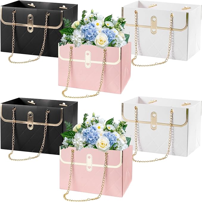 BQMEZRNUS 6 Pcs Flower Paper Gift Bags with Metal Chain, Bouquet Storage Box, Portable Florist Handbag for Wedding, Valent...