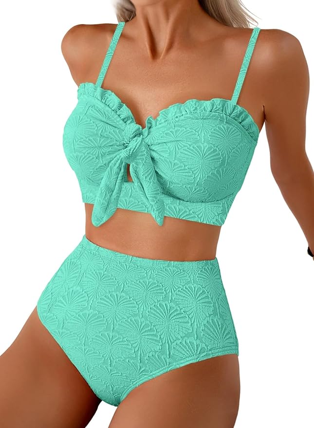 Herseas Women's Seashell Textured Bikini Sets Knotted Front 2 Piece Swimsuits Ruffle Trim Bathing Suits
