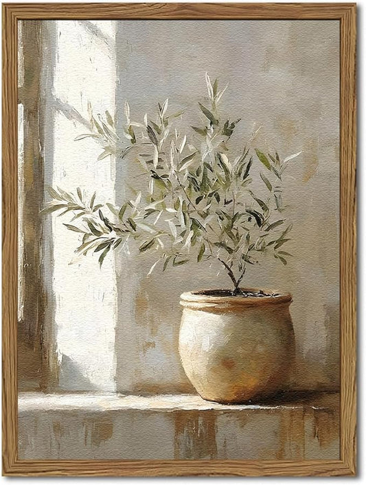 Framed Vintage Olive Tree Wall Art, 3D Textured Sandstone Botanical Pictures Wall Decor, Rustic Neutral Potted Plant Paint...