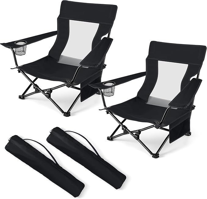 HaSteeL Folding Beach Chair Set of 2, Foldable Black Camping Chairs for Outside, Low Beach Chair Portable for Adults Fishi...