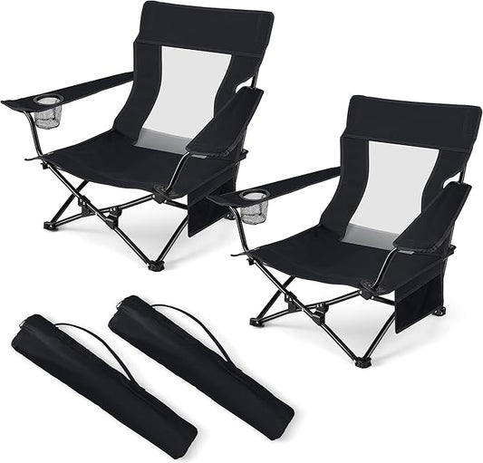 HaSteeL Folding Beach Chair Set of 2, Foldable Black Camping Chairs for Outside, Low Beach Chair Portable for Adults Fishi...