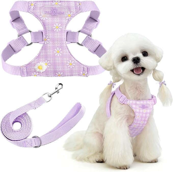 PETCARE Cute Small Dog Harness and Leash Set Purple Floral Daisy Puppy Harness Vest Adjustable Step in Spring Summer Soft ...