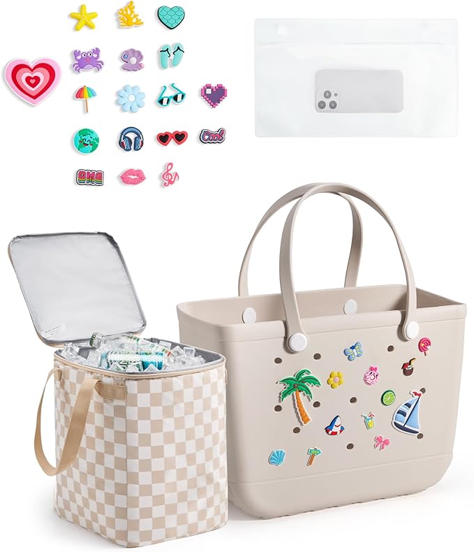 BAGSMART Large Beach Bag for Women with Cooler, Rubber Tote Bag with Charms, Waterproof Vacation Essentials for Swim Pool