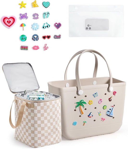 BAGSMART Large Beach Bag for Women with Cooler, Rubber Tote Bag with Charms, Waterproof Vacation Essentials for Swim Pool