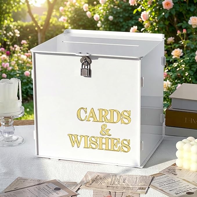 AerWo White Wedding Card Box with Lock, Acrylic Gift Card Box for Party with 3D Letters, Large Wedding Card Boxes for Rece...