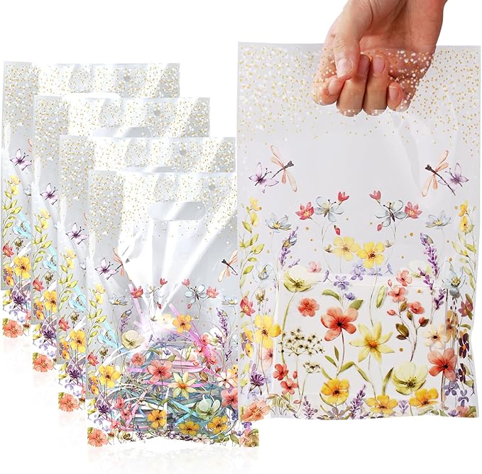 HappFestiv 50 Pcs Clear Wildflower Party Favor Bags, Wild Flower Plastic Treat Bags with handle, Floral Gift Bags Candy Ba...