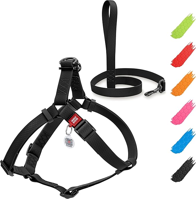 WAUDOG Waterproof Dog Harness and Leash 6 Ft Set - Adjustable, Heavy Duty with Durable Metal Clasp and QR Dog Tag