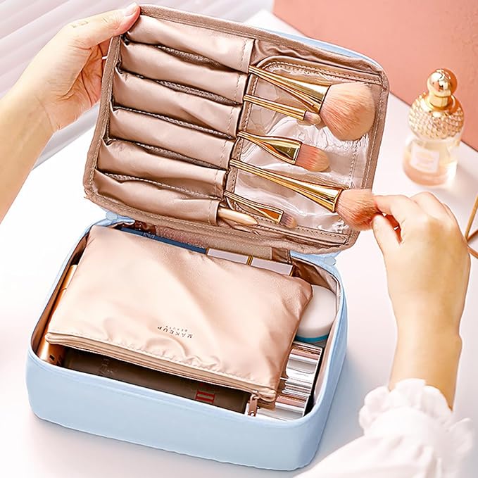 Travel Makeup Bag with Brush Holder and Compartments, Cosmetic Organizer Case for Skincare, Toiletries (Blue)