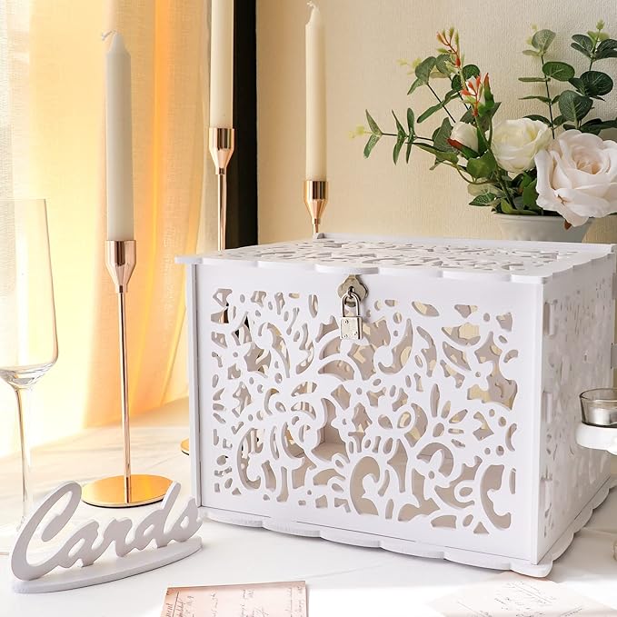 OurWarm White Wedding Card Box with Lock, PVC Gift Card Box for Wedding Decorations for Reception, Money Gift Boxes for Pa...