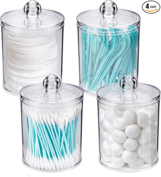 WEISHI 4 Pack Qtip Holder Dispenser - Cotton Ball, Swab, Round Pads, Floss , Small Clear Plastic Apothecary Jar Containers...