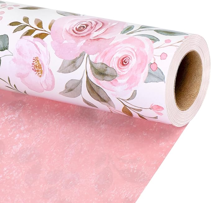 BIOBROWN Reversible Floral Wrapping Paper Roll - 17 Inches X 33 Feet (47 sq. ft. ttl.) Pink Watercolor Roses Design Flower...