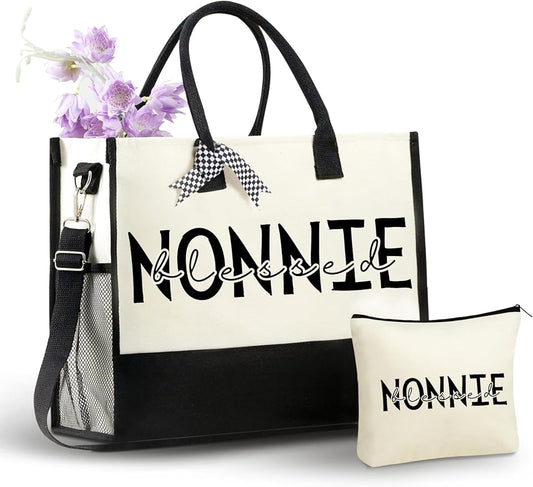 InnoBeta Nonnie Gifts for Grandma, Canvas Tote Bag on Christmas or Birthday & Mother's Day, Tote with Top Zipper Closure a...