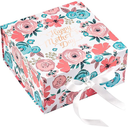 WRAPAHOLIC 1 Pcs 8x8x4 Inches Rose Gold Foil Happy Mother's Day Lettering and Floral Gift Box with Satin Ribbon, Collapsib...