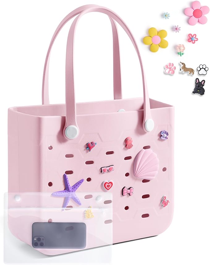 BAGSMART Beach Bag for Women, Water-resistant Rubber Tote Bag, Sandproof Vacation Essentials for Summer Swim Cruise Pool