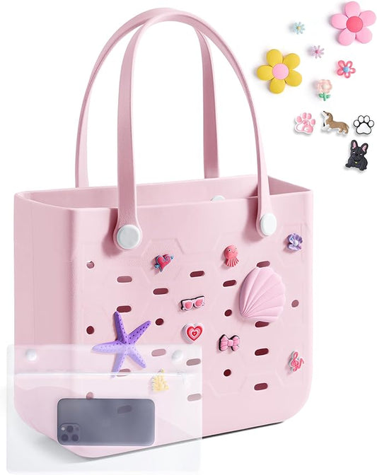 BAGSMART Beach Bag for Women, Water-resistant Rubber Tote Bag, Sandproof Vacation Essentials for Summer Swim Cruise Pool