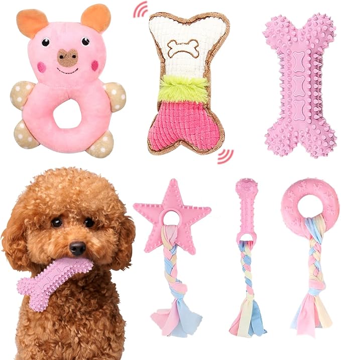 XGDMEIL 6 Pack Puppy Toys for Teething Small Dogs, Cute Pink Dog Chew Toys for Puppies, Soft Squeaky Dog Toys for Small Br...